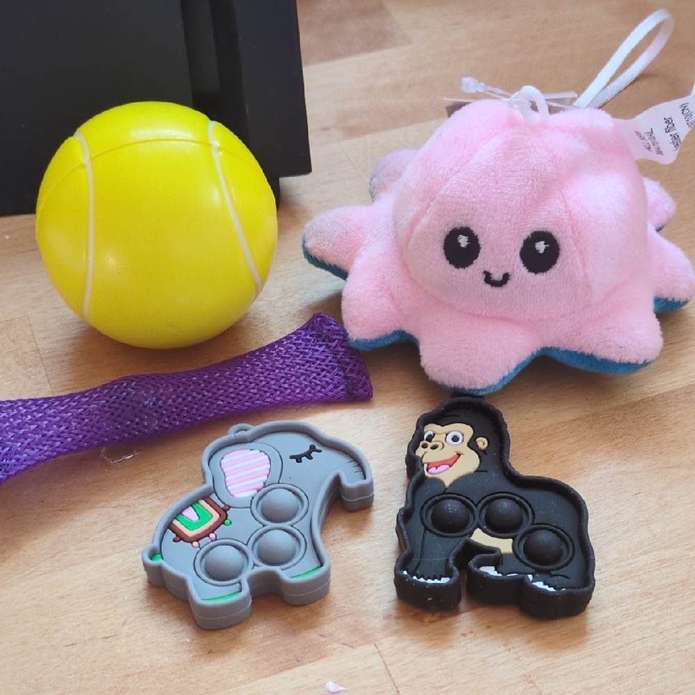 Pink Octopus Plush Toy with Yellow Ball and Animal Fidget Set